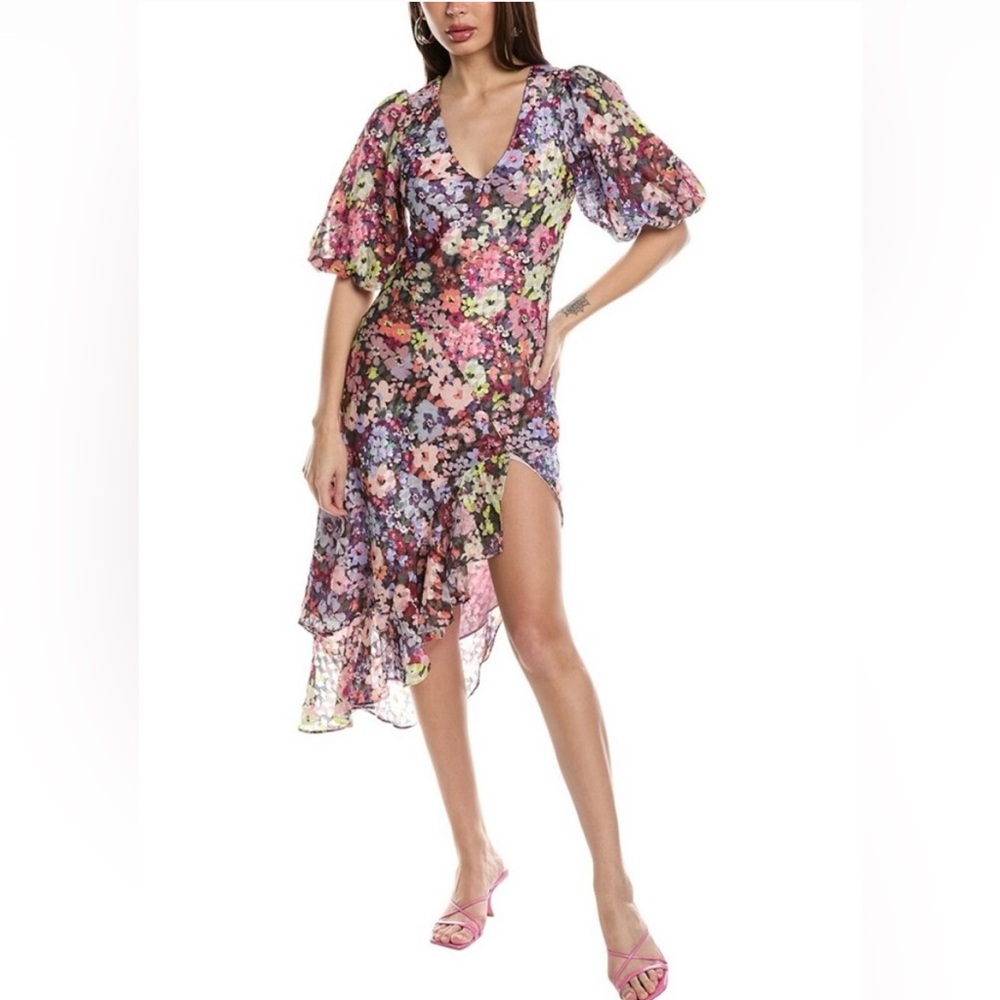 Amanda Uprichard Glenna Floral Asymmetric Midi Dress with Ruffle Hem